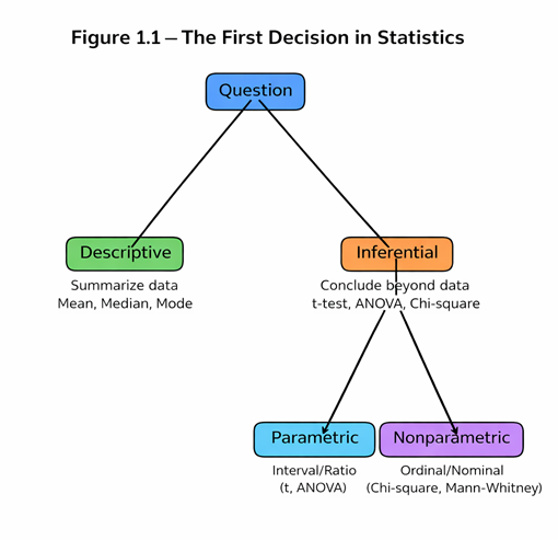 Flowchart illustrating the first decision in statistics: descriptive versus inferential methods, with inferential statistics divided into parametric and nonparametric analyses.es.